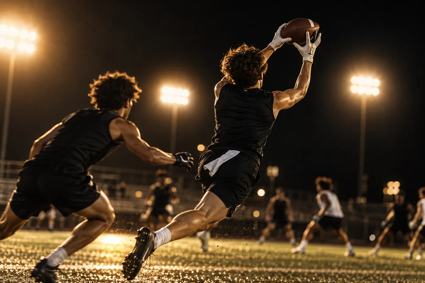 Receiver making a catch under stadium lights