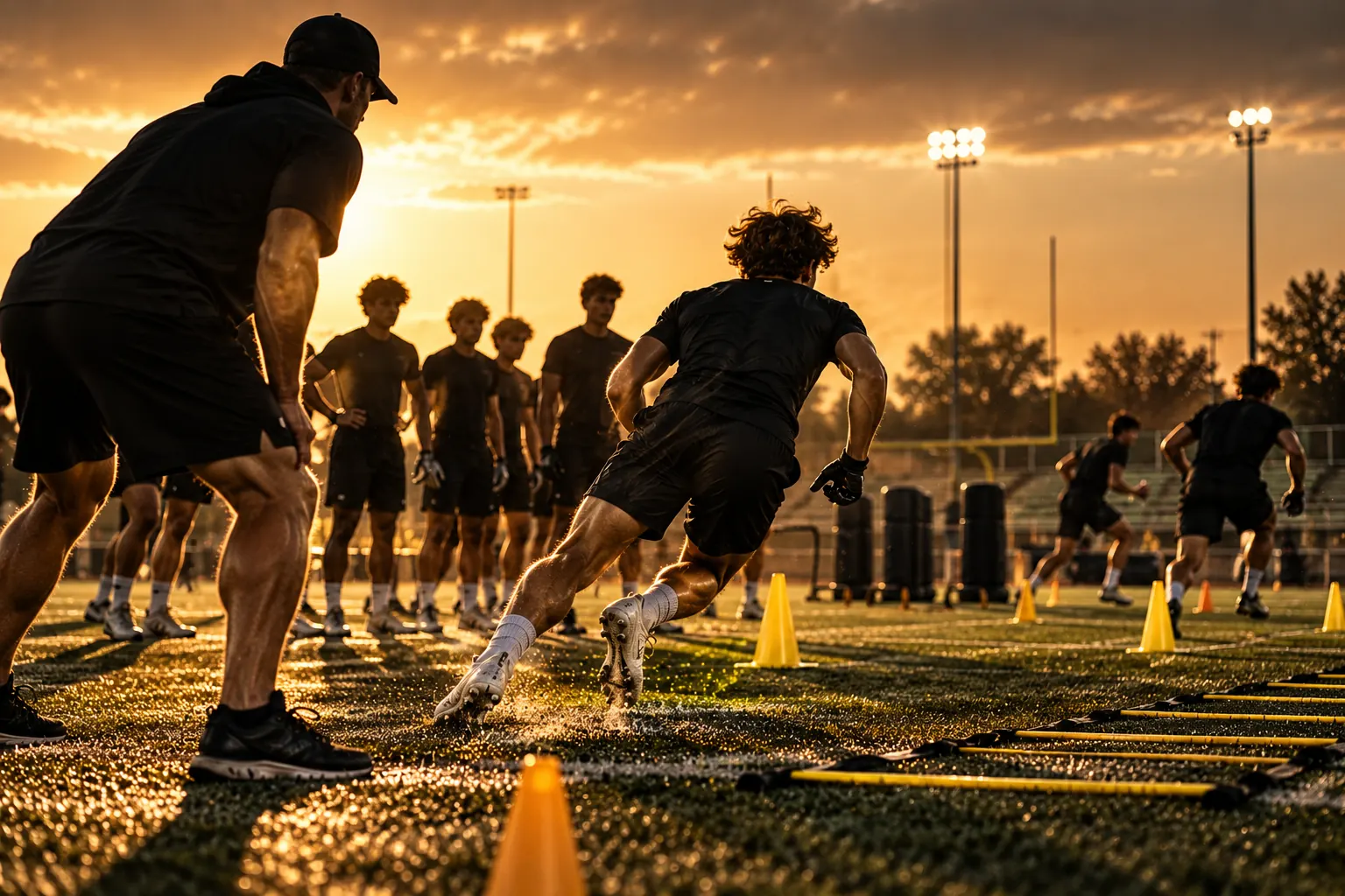 Athletes running agility drills at sunset