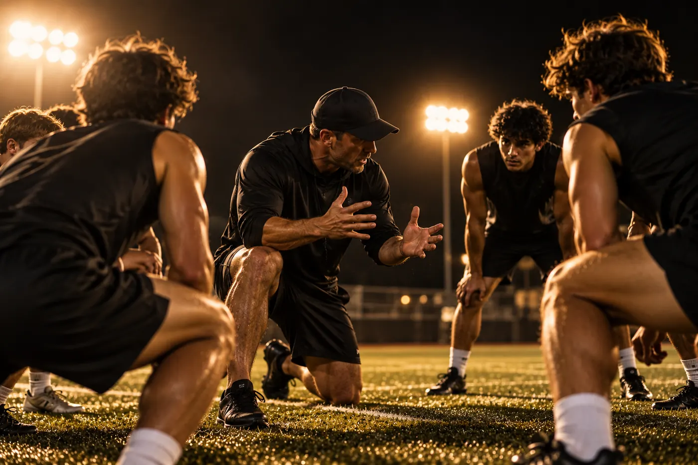 Coach teaching a group of athletes on the field