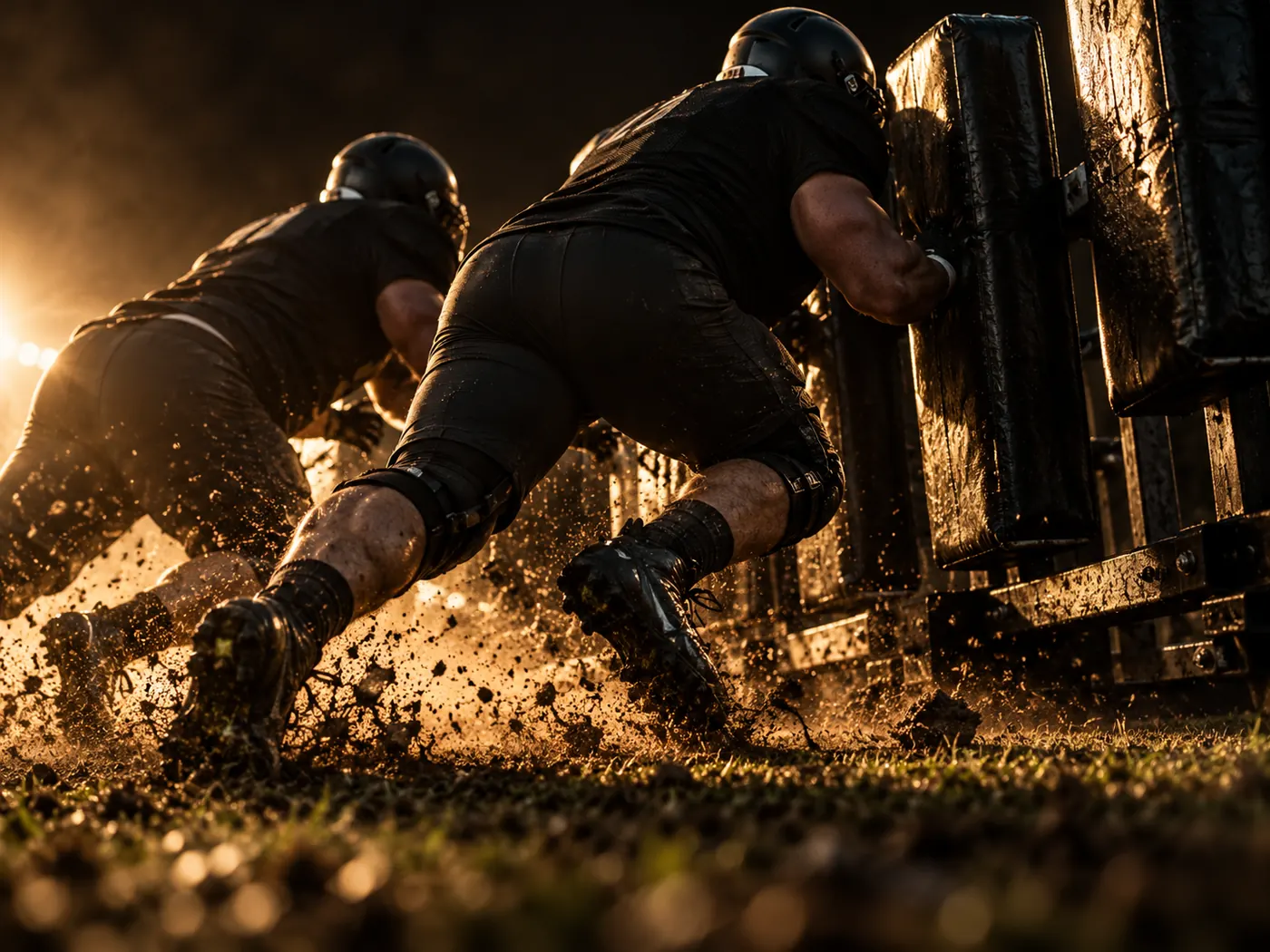 Linemen driving into a blocking sled